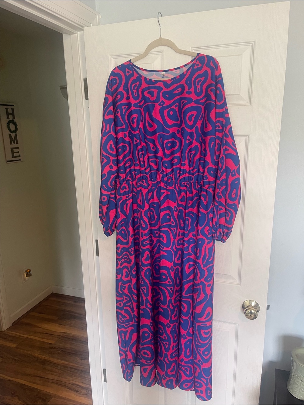 SHEIN Pink and Blue Abstract Print Long Sleeve Maxi Dress